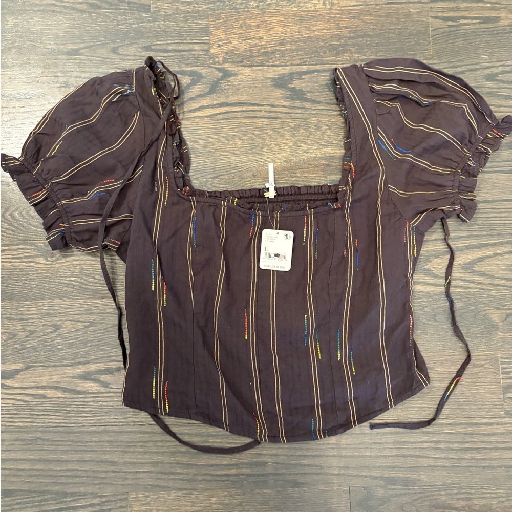 Striped Brown Puff Sleeve Top Free People Large